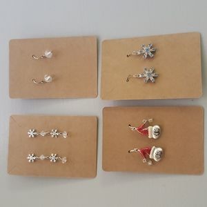 4 HOLIDAY EARRINGS COSTUME JEWELRY SILVER SNOWFLAKES SANTA HAT CATS CRYSTALS NEW